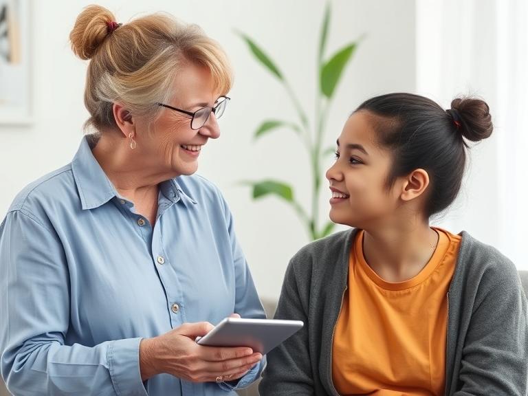 A social worker explaining the foster care matching process to a teenage girl