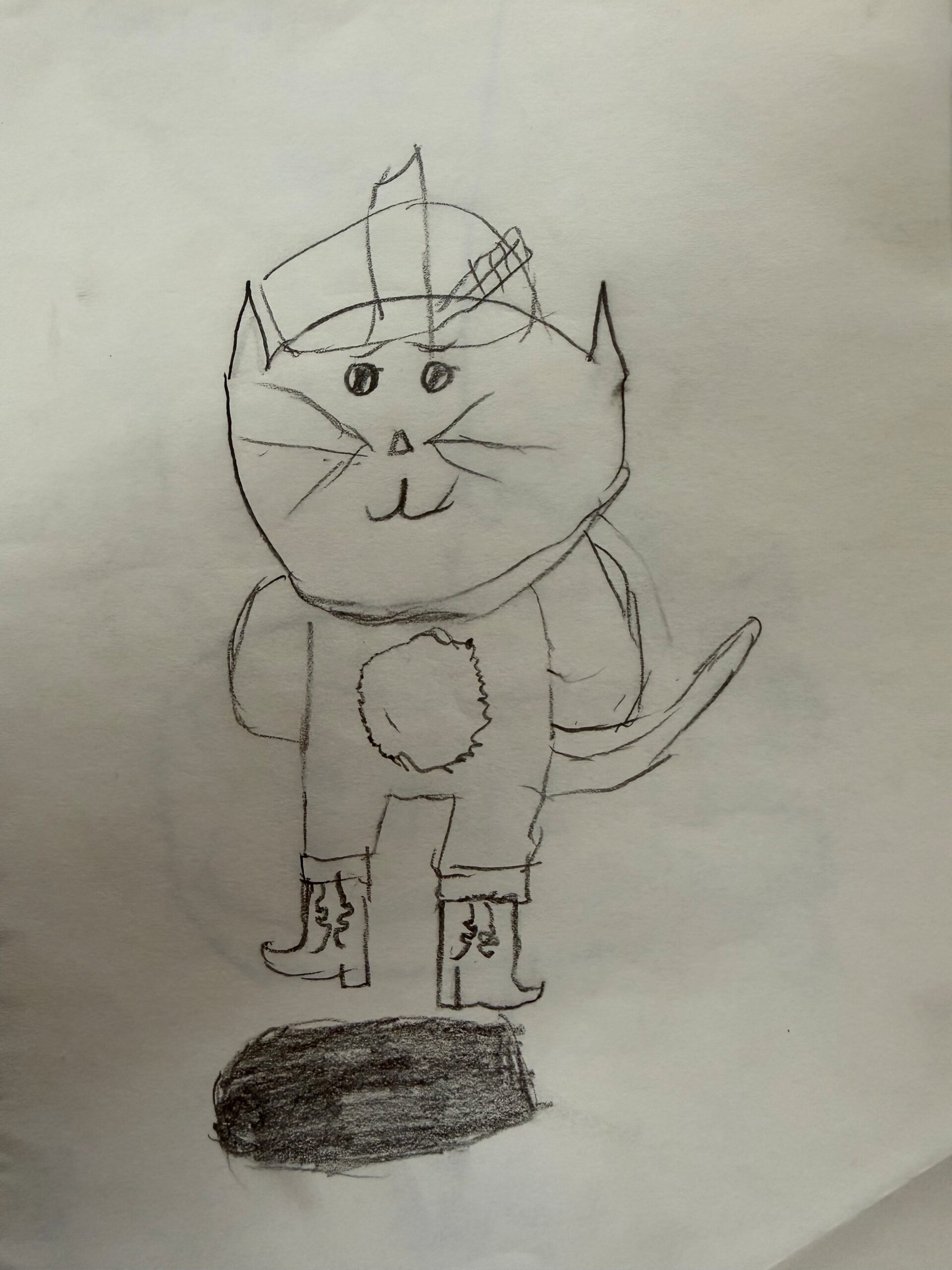 A young person's drawing of Puss In Boots