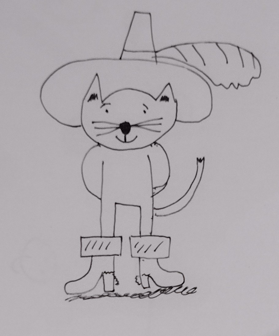 A young person's drawing of Puss In Boots