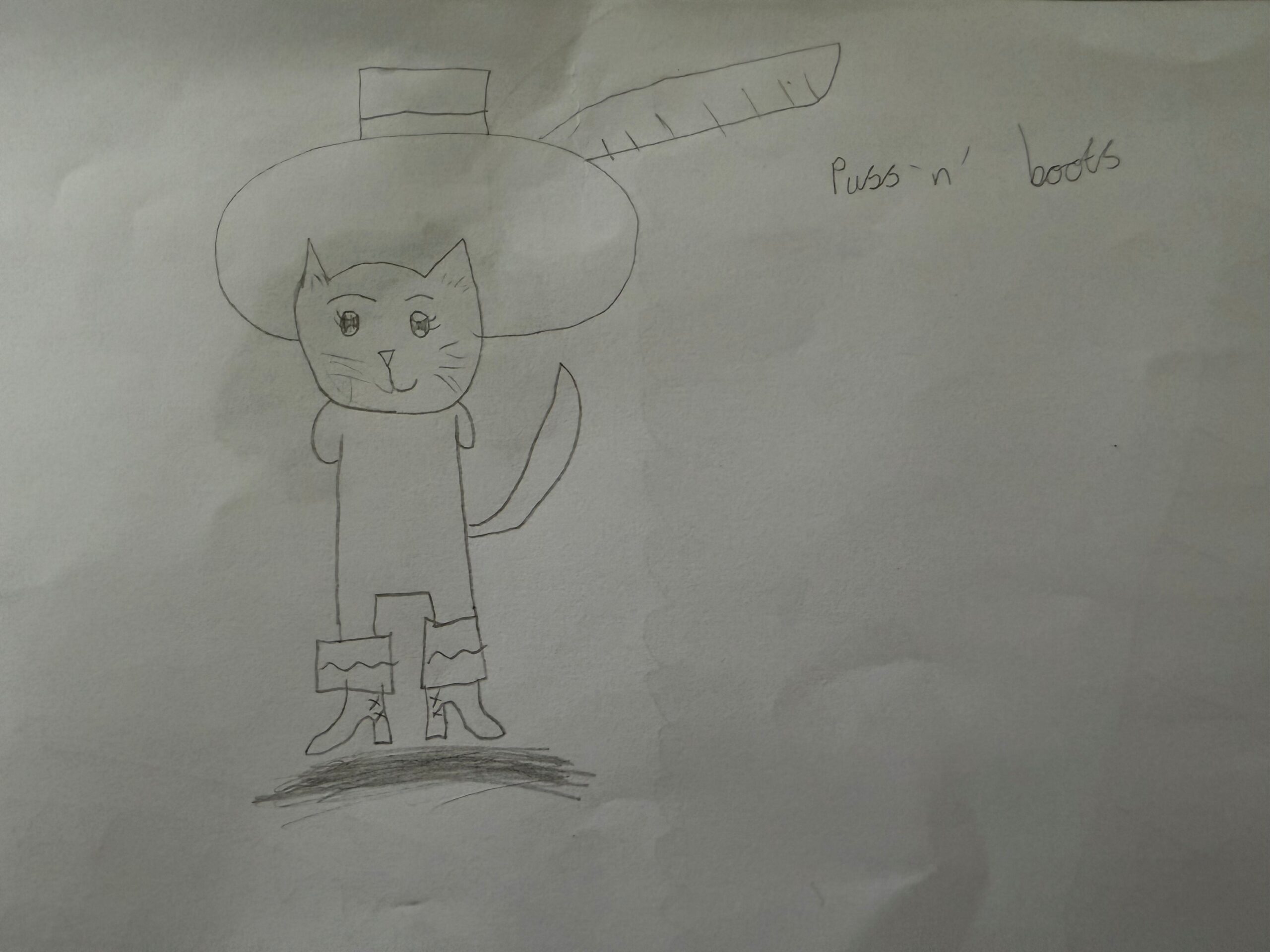 A young person's drawing of Puss In Boots