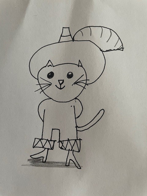 A young person's drawing of Puss In Boots