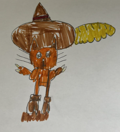A young person's drawing of puss in boots