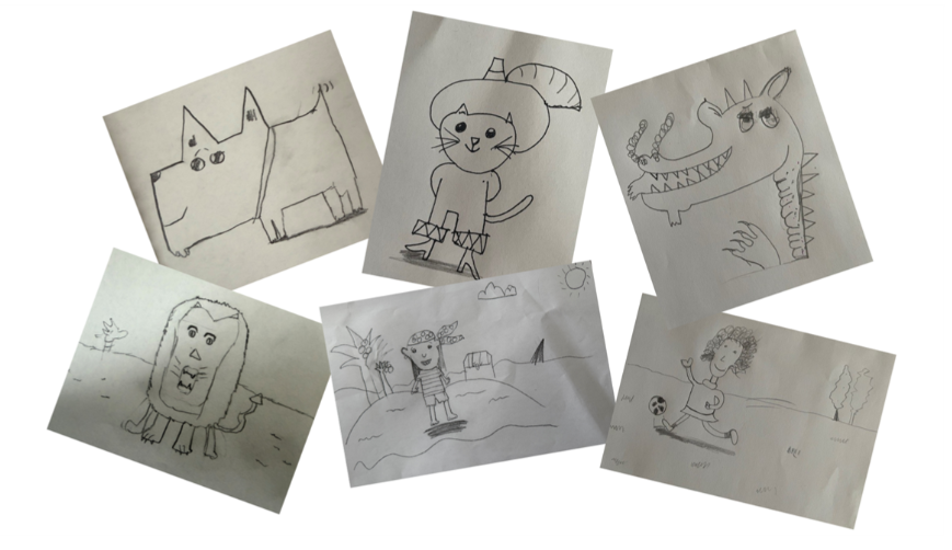 Six pieces of art drawn by our young people during the draw along session with Nick Sharratt