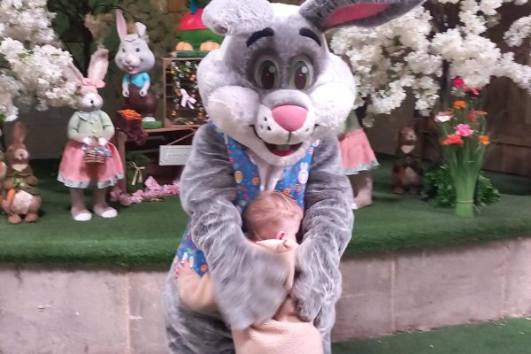 A TACT young person hugging the Easter Bunny at Farmer Teds