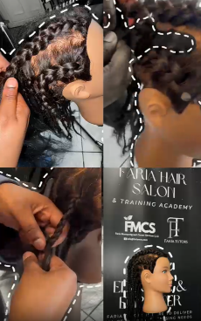 Multiple photos of the hair plaiting process on a mannequin