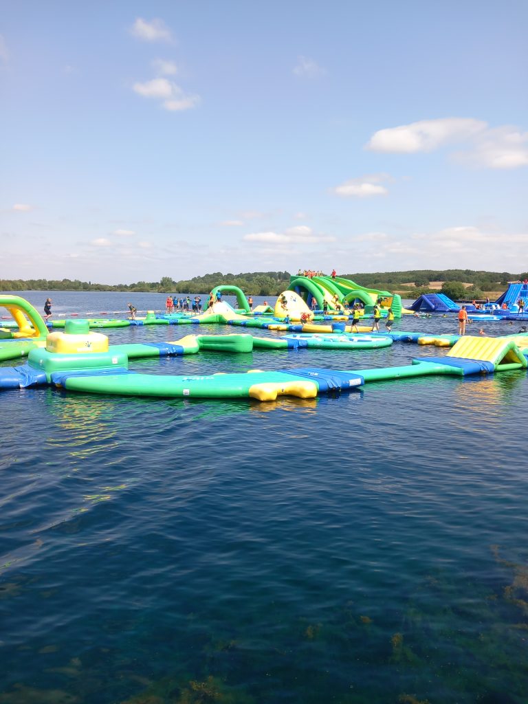 A water-based assault course at Cliff Lakes